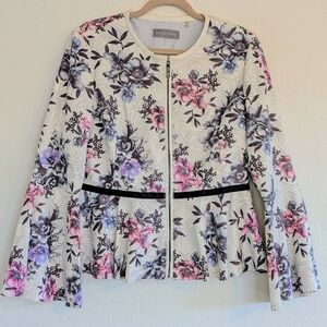 Floral Perforated Faux Leather Jacket Peplum Bell Sleeves Chic Elegant Statement
